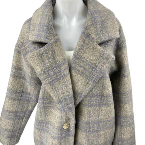 ASTR The Label Gray Plaid Checkered Long Sleeve Button Trench Over Coat Jacket M - Picture 3 of 5